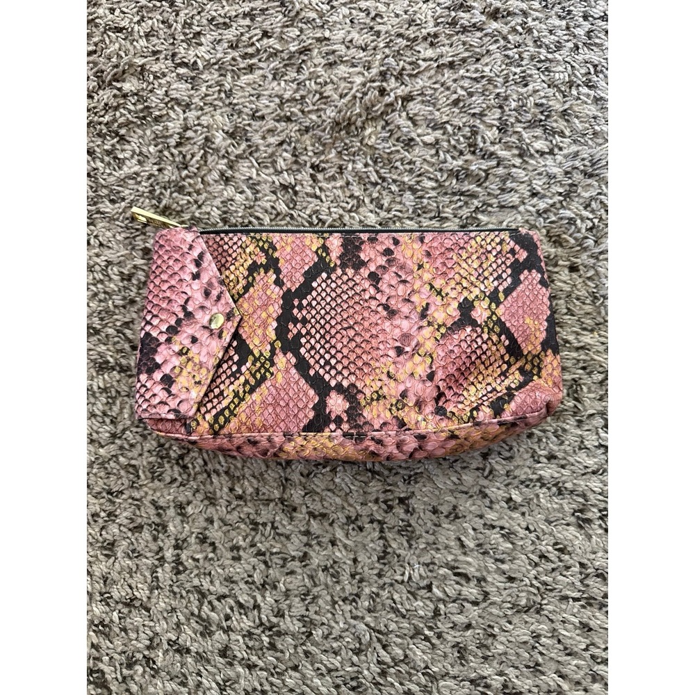 Estee Lauder Faux‎ Snakeskin Clutch Pink Black Gold Snap & Zipper Pocket 9.5"x5
